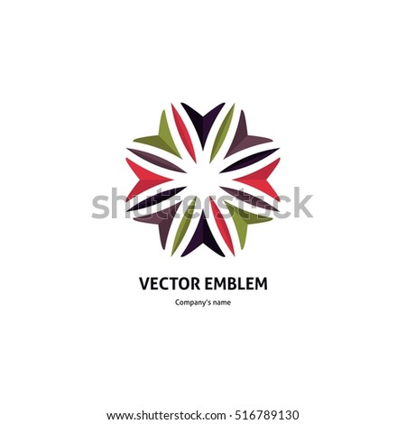 Beautiful circular retro logo for boutique, flower shop, business. Company mark, emblem, element. Simple geometric mandala logotype. Kaleidoscope big bud. Surround abstract blossom. Vintage. Eco