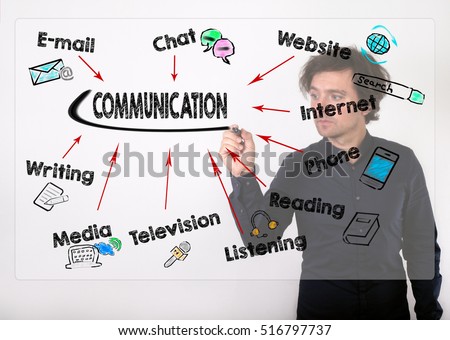 Communication concept. Businessman writing with black marker on visual screen
