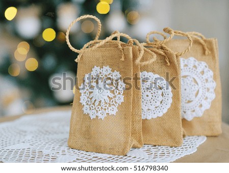 Decoration element creative ideas with lace and linen on Christmas lights background