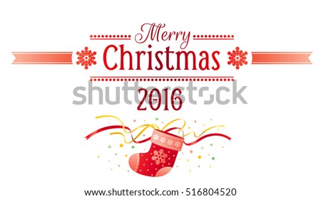 Merry Christmas 2016 holiday horizontal banner isolated on white background. Vector illustration, gift sock. Bow, ribbon confetti decoration icon design.