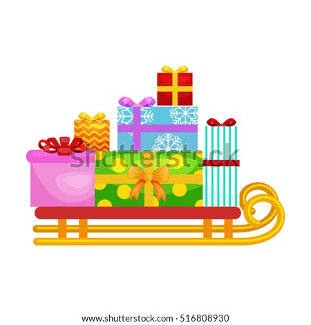 christmas gifts in stack box on sled, winter holiday xmas present decorated with ribbon vector illustration