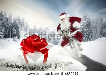 Splash of christmas gift in snow and santa claus 