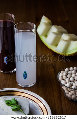 Turkish Drink Raki with Salgam / Turnip water and melon.