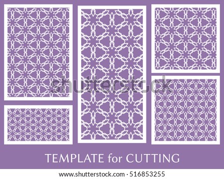 Wedding invitation, Greeting card and Business card template set. Cut out paper cards with lace pattern. Decorative ornate geometric card for laser cutting. Vector line backgrounds collection