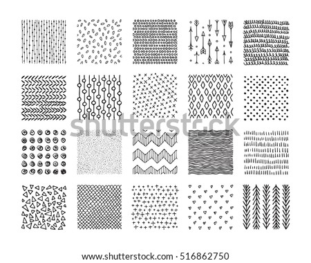 Hand drawn textures and brushes. Big artistic collection of design elements: graphic patterns, geometric ornaments, abstract lines, tribal symbols made with ink. Isolated vector set.