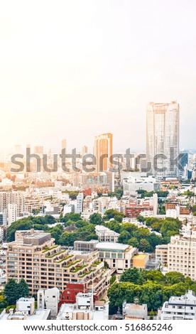 Asia Business concept for real estate  - panoramic modern cityscape building bird eye aerial view with zojo-ji temple shrine from tokyo tower under sunrise and morning blue bright sky in Tokyo, Japan