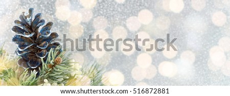 Pinecones and fir tree on sparkling background wide banner