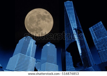 view of manhattan buildings with full moon