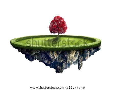 Amazing island with red tree floating in the air isolated with white background