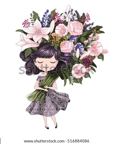 Cute girl with flowers.Children illustration for School books and more.T-shirt graphic.cartoon character.vintage postcard.