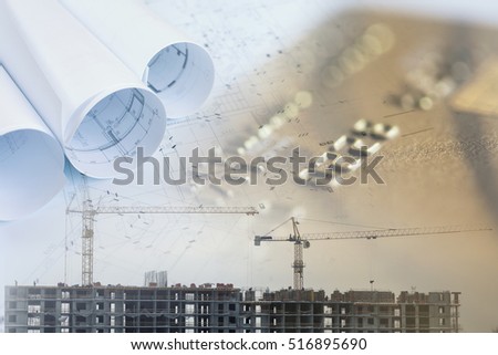 Collage with blueprints and construction site