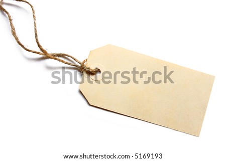 Blank tag tied with brown string.  Price tag, gift tag, sale tag, address label, etc.