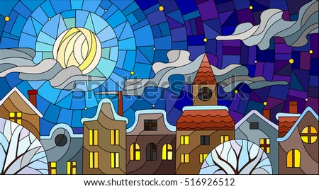 Winter landscape in stained-glass style Church and village houses on the background of snow, sky and sun