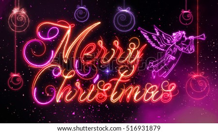 Merry Christmas. Illuminated sign with decorative balls on the background of falling snow and colored highlights on the background.