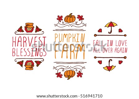Hand drawn autumn elements with inscription harvest blessings, pumpkin farm, fall in love all over again on white background