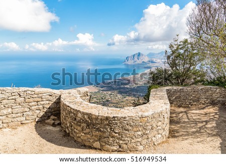 Panoramic view of Monte Cofano and coastline from Erice, Sicily, Italy  Royalty-Free Stock Photo #516949534