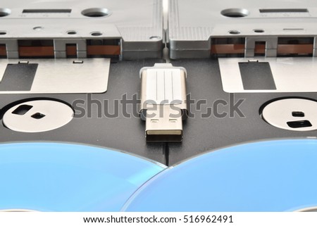 Tapes, floppy disk, cd, pen drive. Old and modern technology.