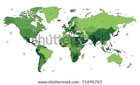 Detailed vector World map of green colors. Names, town marks and national borders are in separate layers.