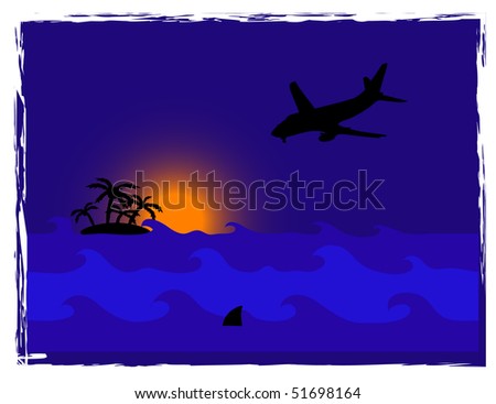 Summer seascape with island and airplane