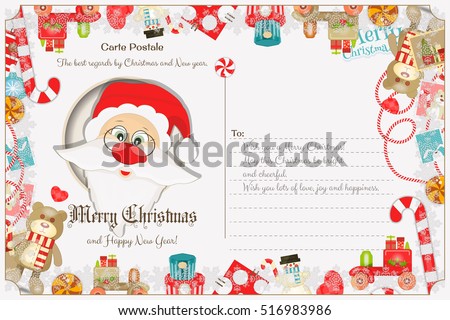 Xmas Postcard with Christmas and New Years Greeting. Backdrop of Postal Card with Postage Stamps for Winter Holiday. Santa Claus. Vector Illustration.
