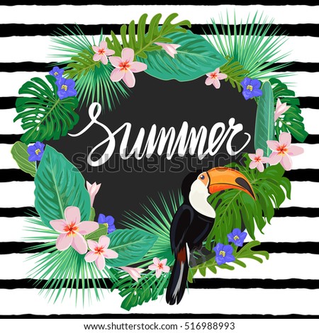 Bright summer template with tropic plants, exotic flowers and toucan bird