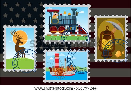 BackgroundÃ?Â mail in America. Stamps with the image of an old steam locomotive, steamer and a kerosene lamp. Stamps on a background of the American flag.