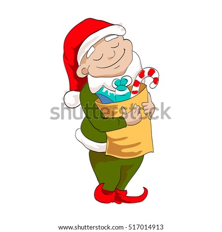 christmas dwarf, helper of santa is holding a bag with sweet present. vector illustration on white background