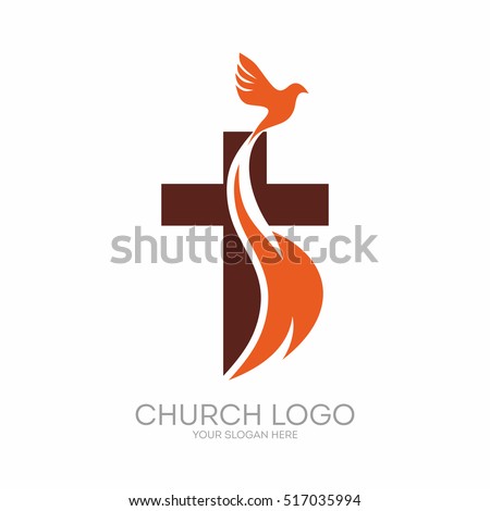 Church logo. Christian symbols. The Cross of Jesus, the fire of the Holy Spirit and the dove. Royalty-Free Stock Photo #517035994
