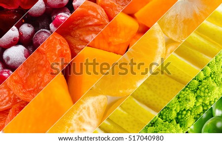 Vivid fruits and vegetables collage, blank for healthy food editions. Summer collection.