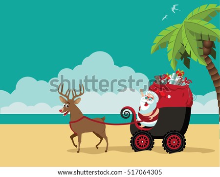 Cartoon Santa Claus delivering Christmas gifts on the beach in his dune buggy. Background with copy space. EPS 10 vector.
