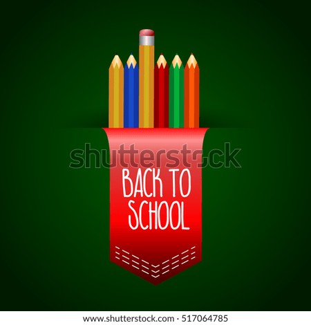 Green board with crayons and a banner, Back to school vector illustration