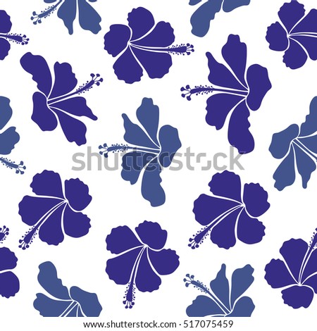 Tropical flowers, hibiscus leaves, hibiscus buds, seamless vector floral pattern on white background in blue and violet colors. Vintage style.