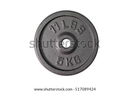 Weight for sport isolated on white background. Gym equipment 5 kilograms (kg.), Black metal barbell tool plate for exercise and fitness. Dumbbell heavy concept with cut out.