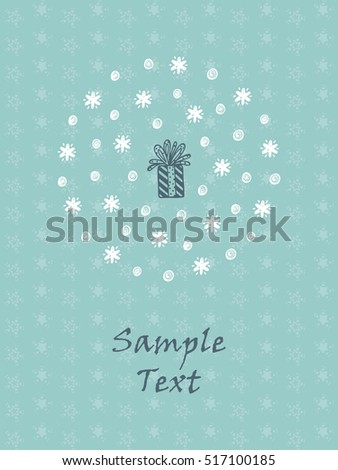 Merry Christmas or Happy New Year Greeting Card Template. Winter Holiday Xmas Background. Hand drawn Doodle Christmas Gift, Snow, Snowflakes, Snowballs, Stars