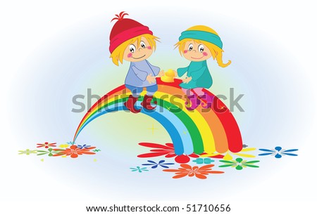 Cartoon boy and girl on the rainbow