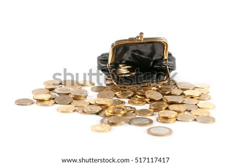 Black leather wallet and metal coins as part of the Russian economy and trade