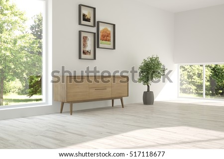 White room with shelf and green landscape in window. Scandinavian interior design. 3D illustration
