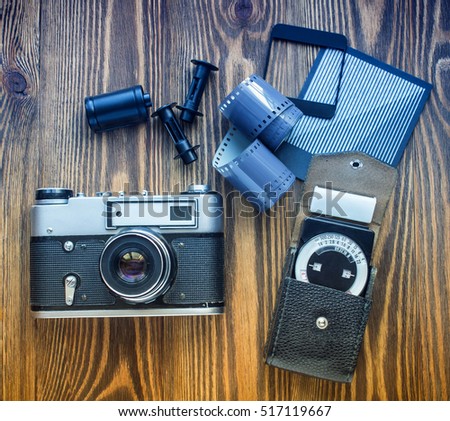 old soviet rangefinder camera,exposure meter and another trappings of film photography