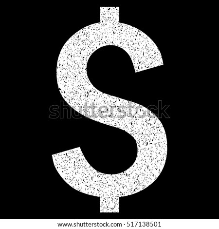 Dollar Symbol grainy textured icon for overlay watermark stamps. Flat symbol with dirty texture. Dotted glyph white ink rubber seal stamp with grunge design on a black background.
