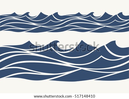 Seamless patterns with stylized blue waves vintage style