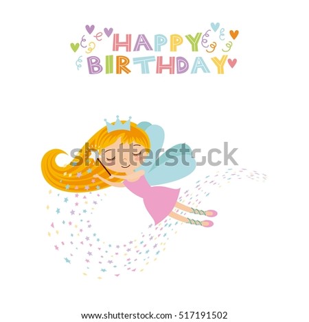 happy birthday card with cute fairy girl icon over white background. colorful design. vector illustration