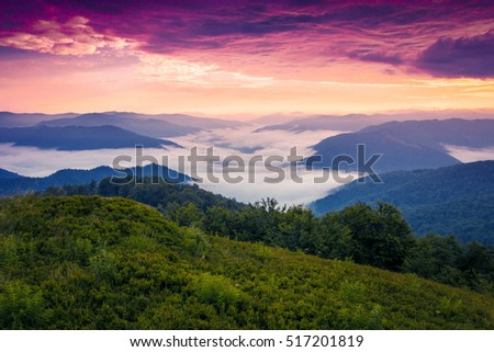 colorful European foggy summer sunrise  landscape in the mountains, famous place, wonderful world, wallpaper background landscape