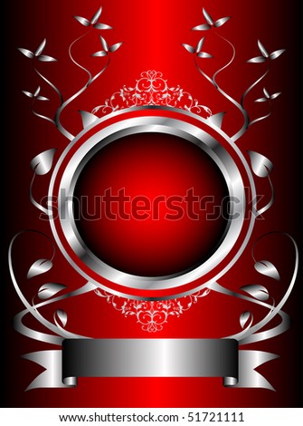 A silver floral background template design with room for text on a rich red background