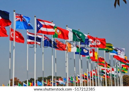 A view of the flying flags of all nations in the wind in Seoul Korea / the flying flags of all nations in the wind