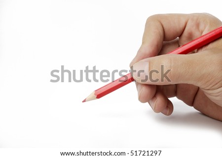 red pencil in hand isolated on white background
