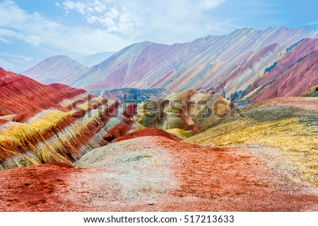 Rainbow mountains, Zhangye Danxia geopark, China Royalty-Free Stock Photo #517213633