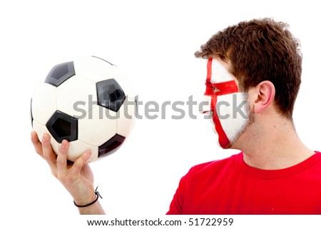 Portrait of a man supporting his team with the english flag painted on his face isolated over white