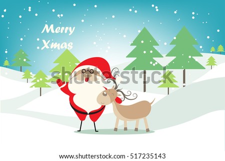 Christmas background with Christmas tree , Santa Claus  and deer  in snowy landscape.