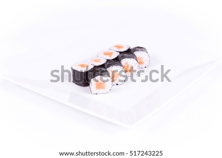 Sushi plate on white background. Japanese food.