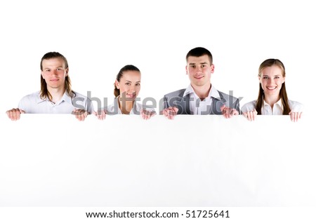 Business team holding a large blank sign on white background